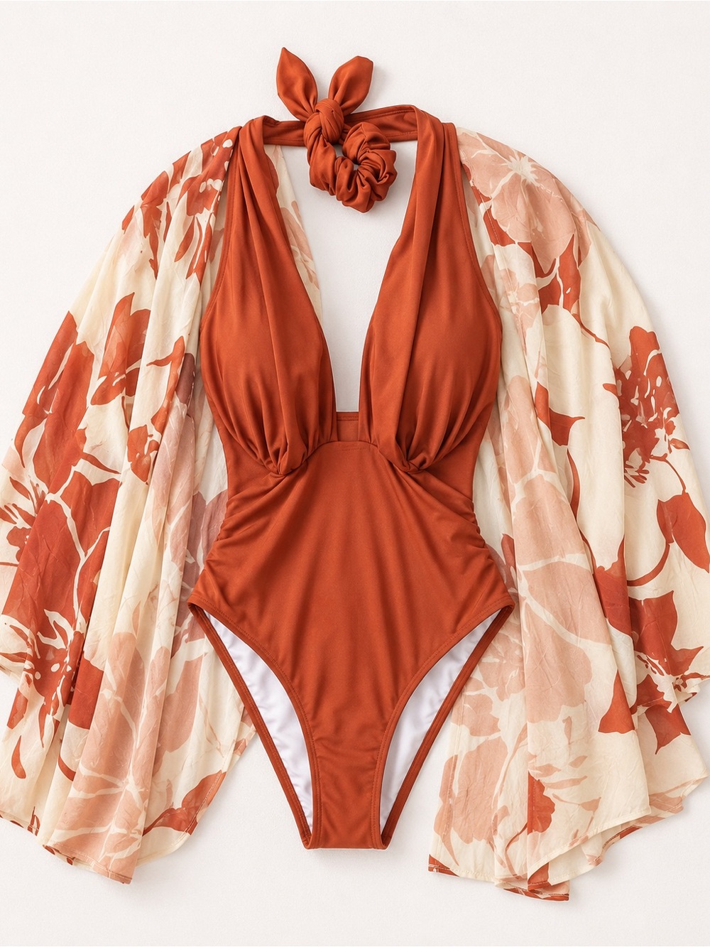 SHEIN Rust Orange Deep V One-Piece Swimsuit